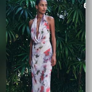 Zara Backless Halter Midi Dress in Light Purple with Coral Floral